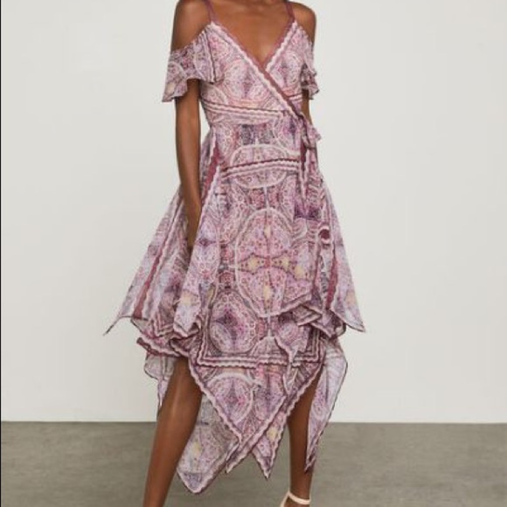 BCBG Cold Shoulder Festival Paisley Wrap Dress